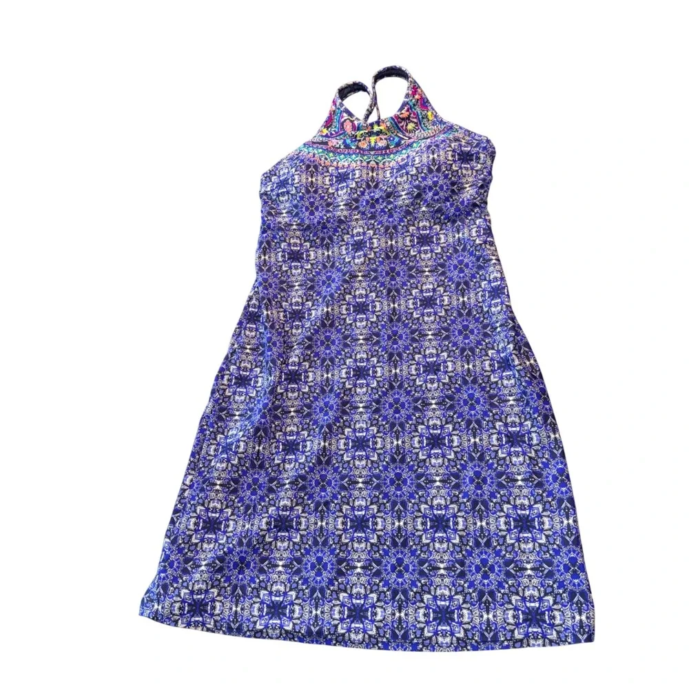 Athleta Swim travel Dress 36 D/DD High Neck Racerback Swimsuit blue millefiori